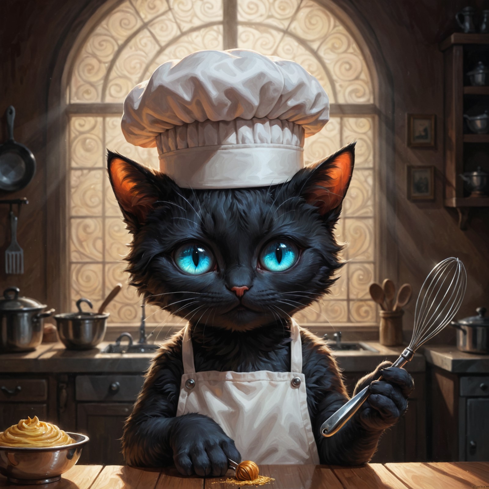 Darkcore aesthetic, a portrait of a cat wearing a tiny chef's hat and holding a miniature whisk, iridescent colors, stunni...